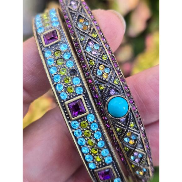 2 Heidi Daus Hinged Bronze Tone Multi Color Swarovski Crystal Bangle Bracelets - Picture 10 of 10
